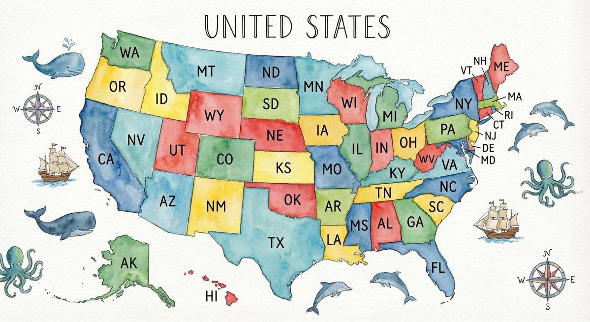 AI generated image for Watercolor US Map with State Abbreviations