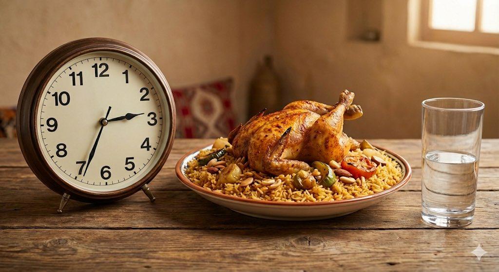 AI generated image for "Kabsa, Clock, and Half-Full Glass" Image Prompt