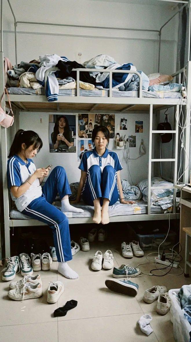 AI generated image for 宿舍日常：校服女生在双层床下铺的放松时刻
