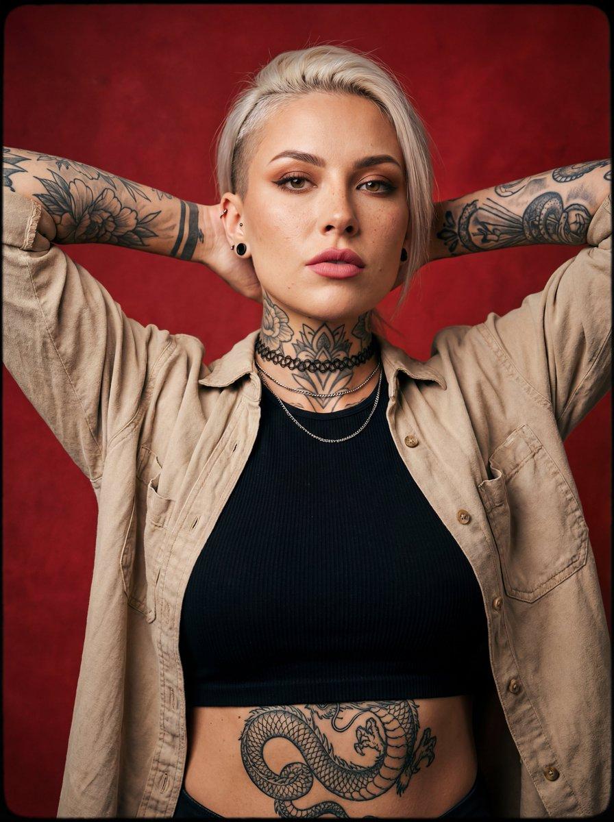 AI generated image for Alternative Style Portrait: Platinum Undercut, Tattoos, and Deep Red Studio