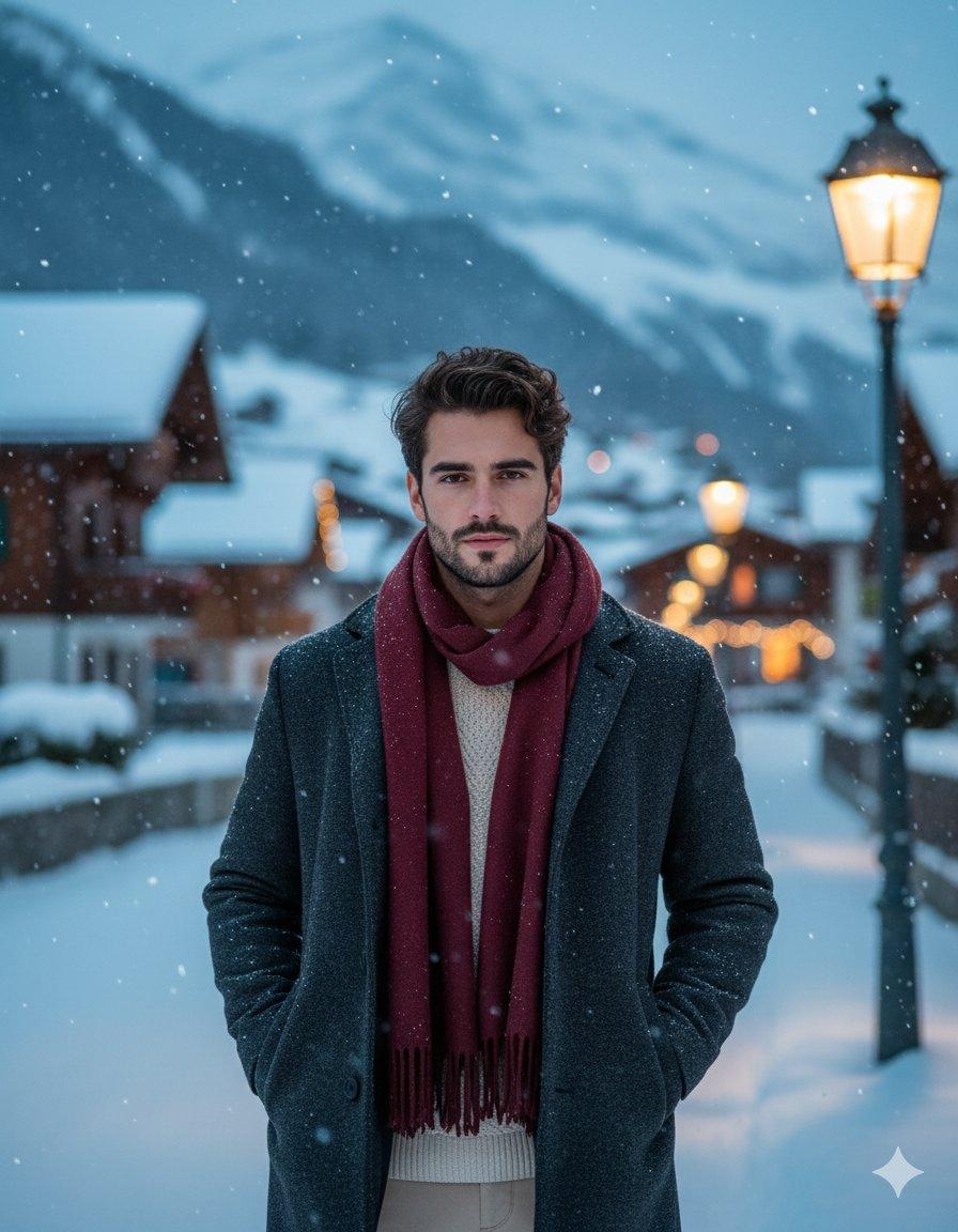 AI generated image for Cinematic Winter Portrait in a Swiss Alpine Village
