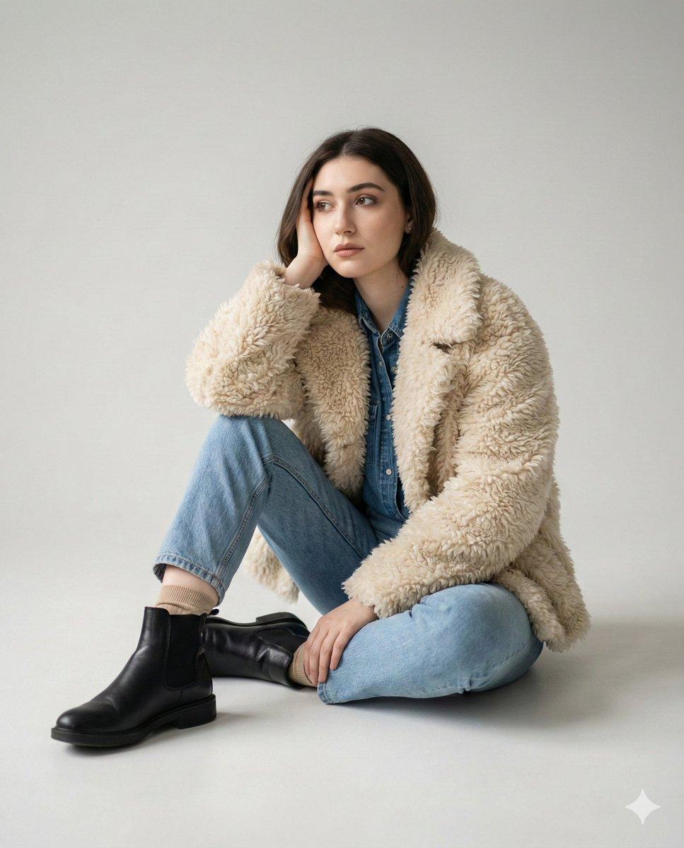AI generated image for Editorial Fashion Photo Prompt: Shearling, Denim, and Leather Studio Portrait