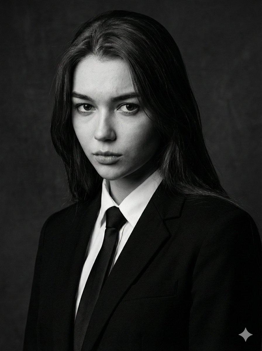 AI generated image for High-Contrast Portrait: Serious Woman in Black Suit