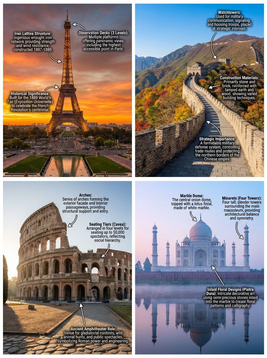 AI generated image for Hyper-Realistic Annotated Landmarks: Eiffel Tower, Great Wall, Colosseum, and Taj Mahal