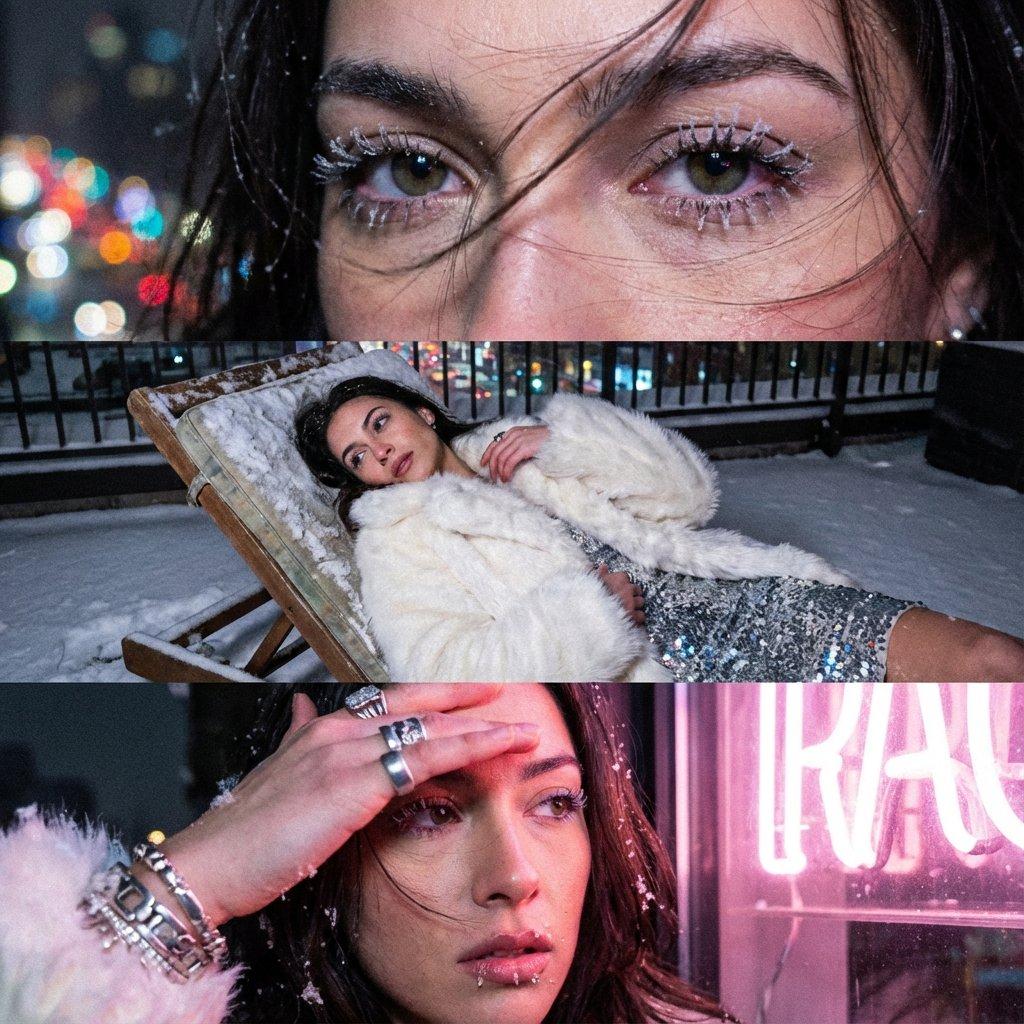 AI generated image for Sharp Retro-Y2K Rooftop Winter Glamour: Three-Part Image Description